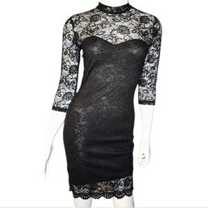 Forever 21 Black Floral Lace Sheath 3/4 Sleeve Mini Bodycon Dress Size S